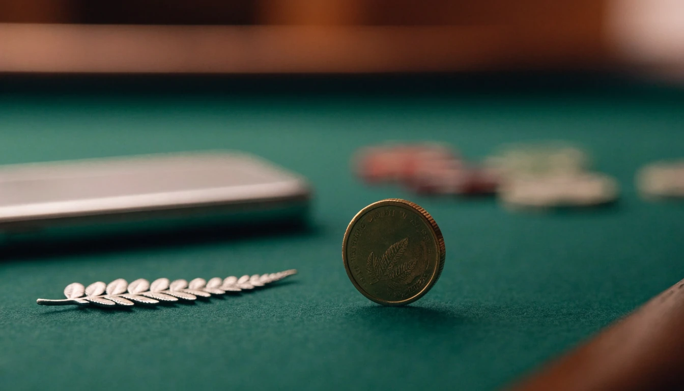 Gold coin on green casino table with silver fern accent, New Zealand low-deposit theme