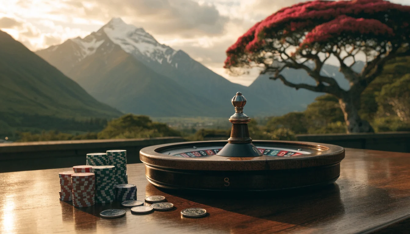 Roulette wheel, casino chips and NZ coins on a wooden table against New Zealand mountains at sunset