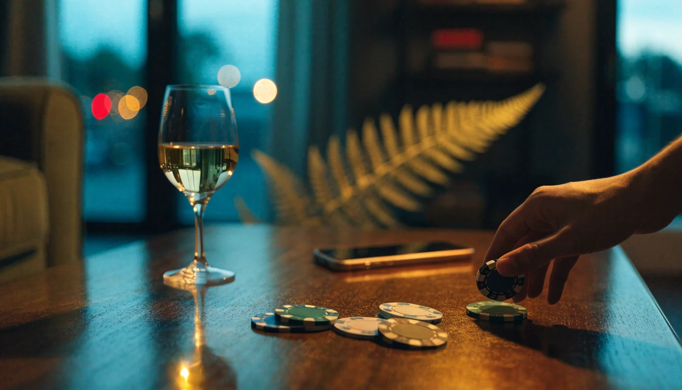 Casino chips on a coffee table in a modern New Zealand home, smartphone face-down beside a wine glass.