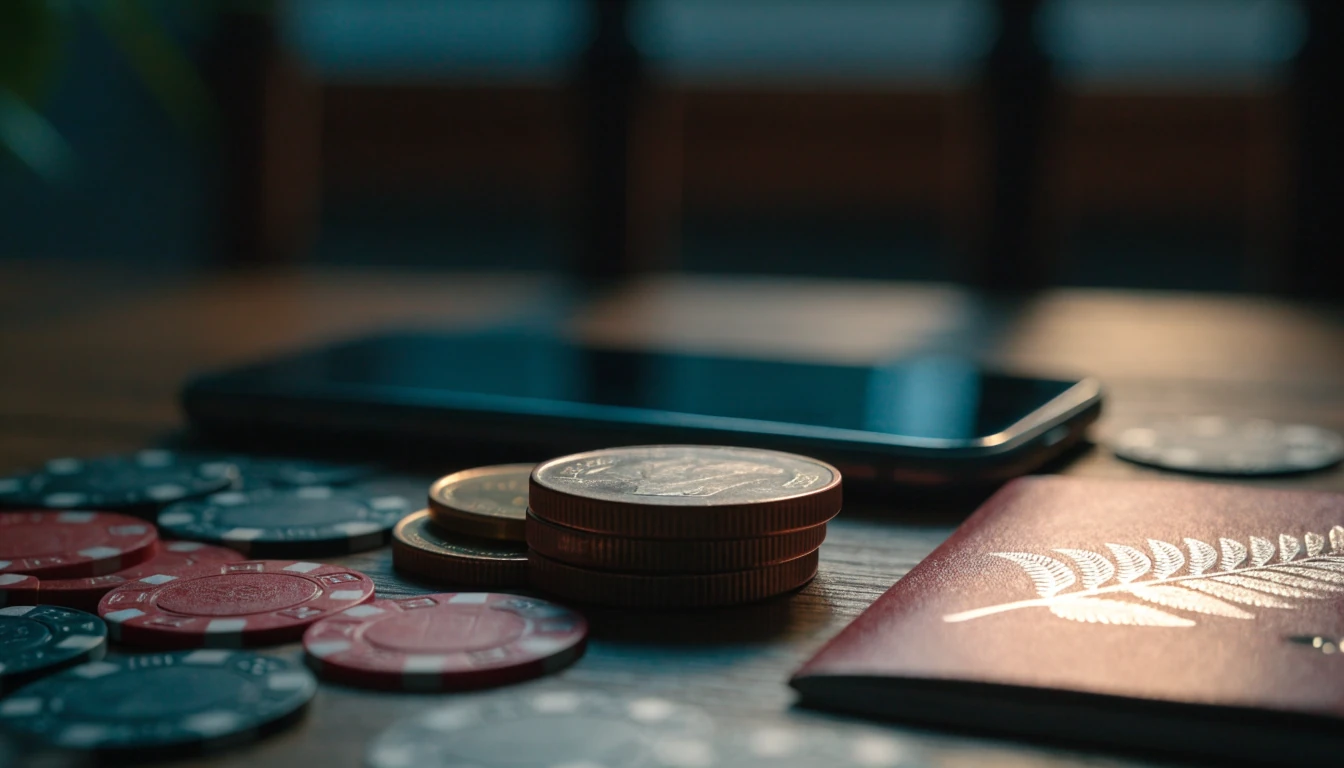 Three NZ dollar coins, casino chips, and a passport on a table
