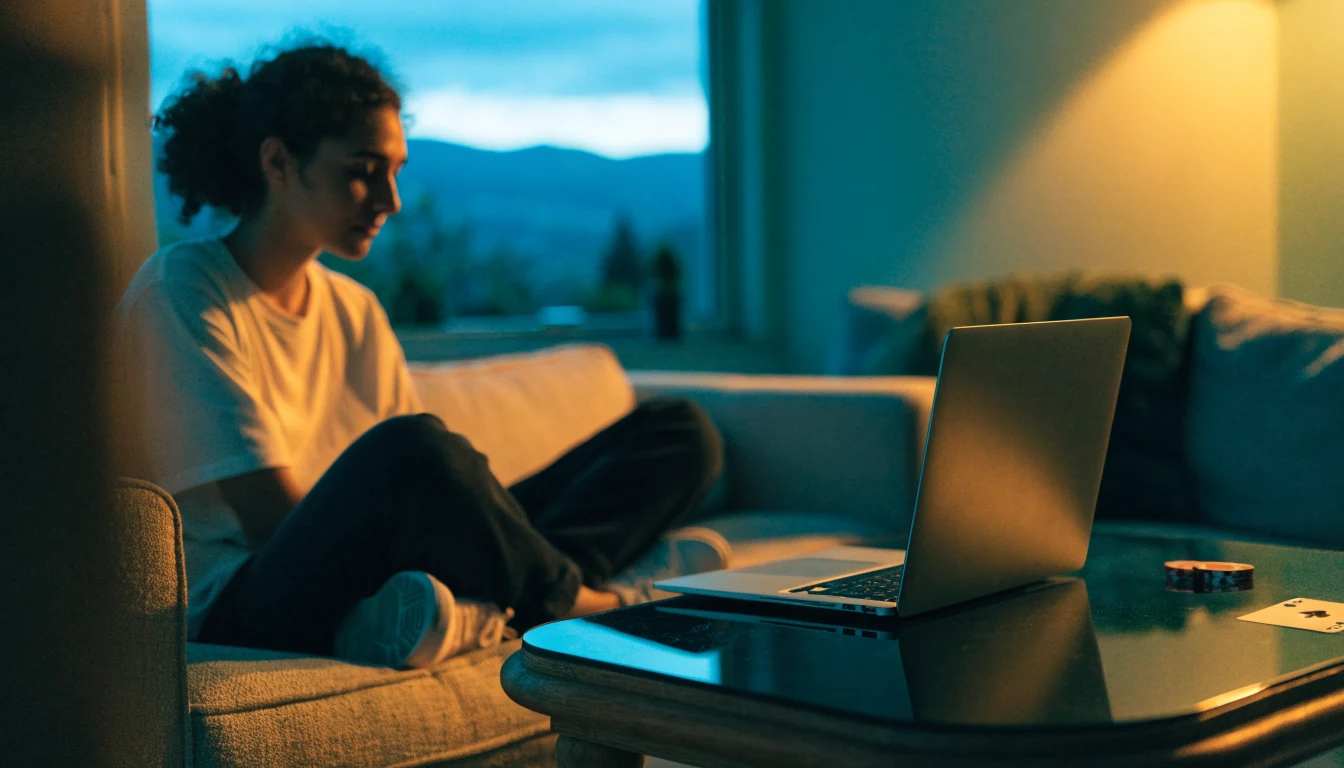 Person at home in New Zealand with laptop and scattered casino chips