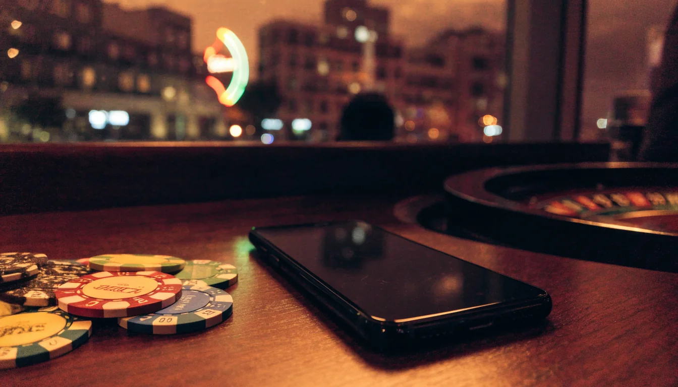 Casino chips and a smartphone on a bar counter with a roulette wheel and neon lights in the background, New Zealand evening setting