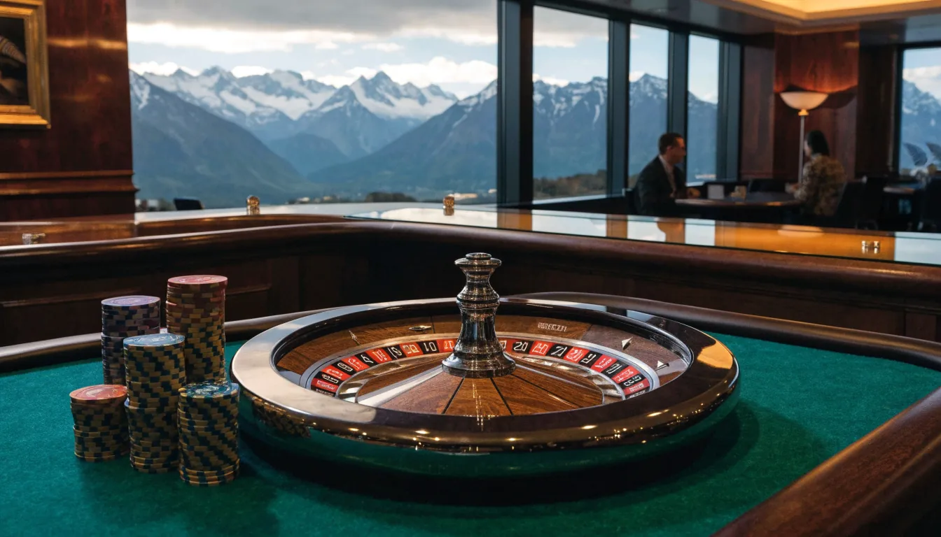 American roulette wheel on a casino table with New Zealand mountains view