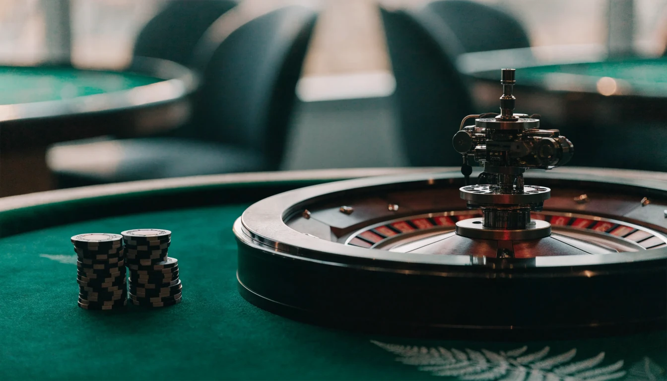 Automated roulette wheel on a casino table with chips, New Zealand themed