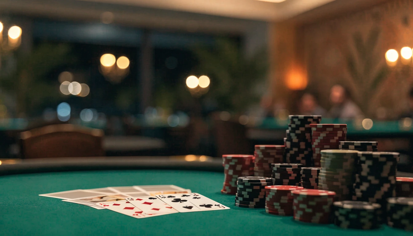 Baccarat table with chip stacks in a New Zealand casino