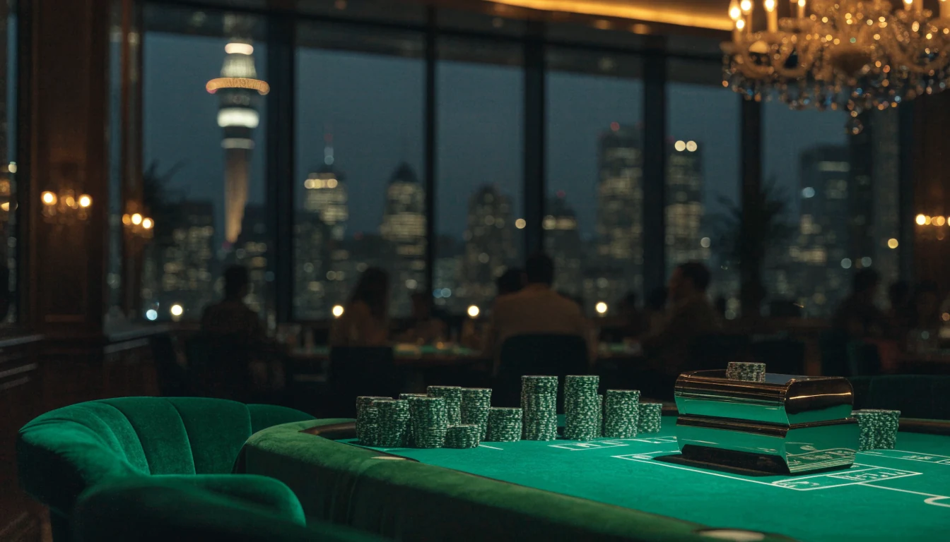 Elegant baccarat table in a luxury casino with Auckland skyline in background