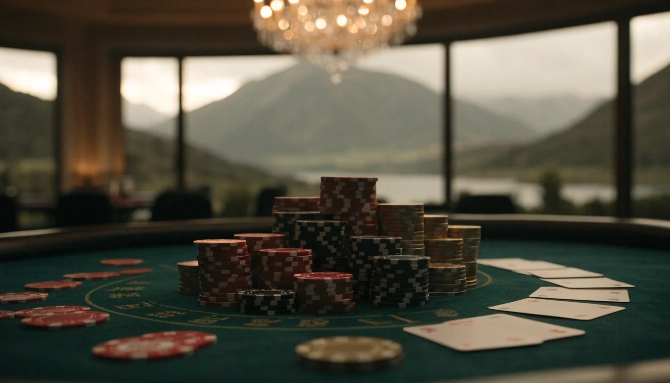 Elegant baccarat table with chips and cards against a New Zealand alpine backdrop.