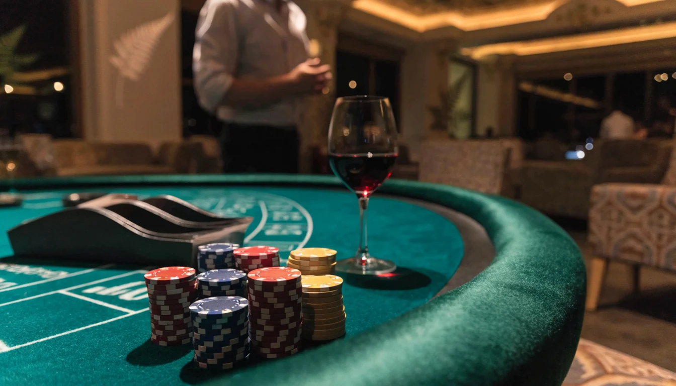 Elegant New Zealand casino lounge with a felt blackjack table, stacked chips, and warm ambient lighting.
