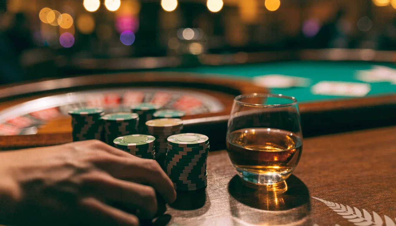 Casino table with chips and cards in a warm lounge setting