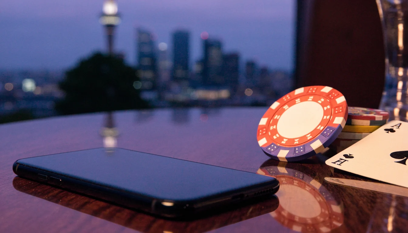 Smartphone face-down on a table with casino chips, Auckland Sky Tower glowing at dusk