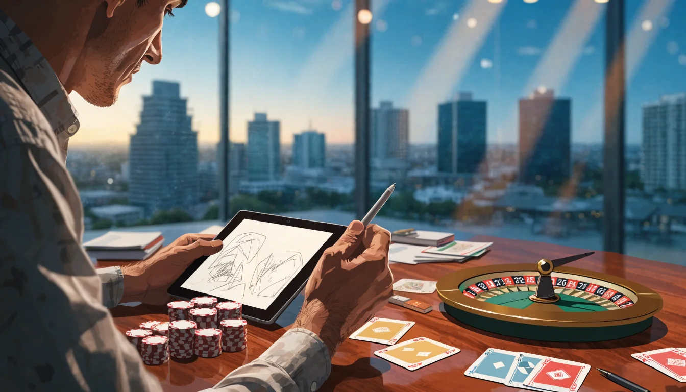 Casino game designer working at a desk with chips and cards, Auckland skyline behind.
