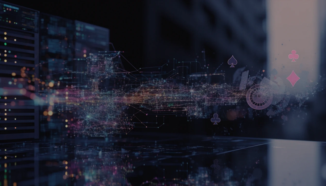 Neon network connecting servers and casino game elements representing online casino software architecture.