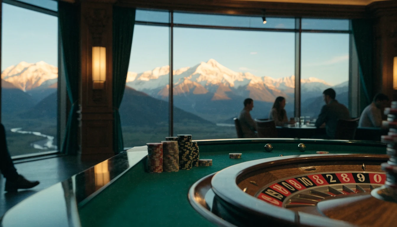 Stylish casino lounge with roulette table overlooking New Zealand mountain landscape