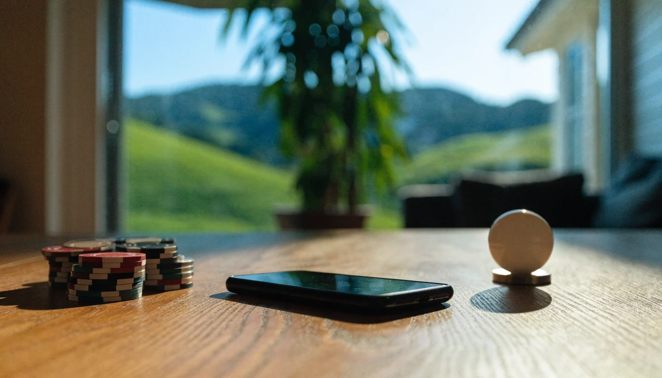 Smartphone face-down with casino chips near a New Zealand window view