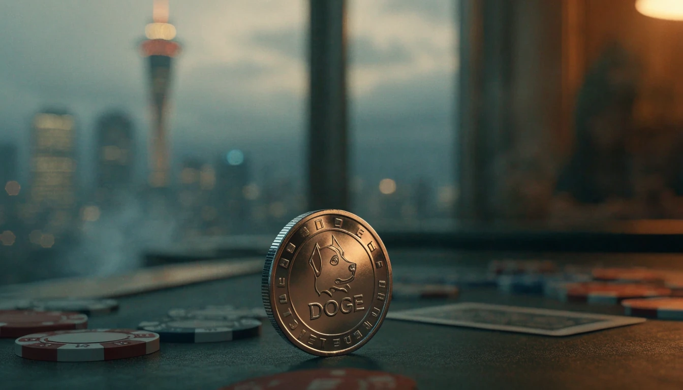 Dogecoin on a casino table with Auckland skyline in background