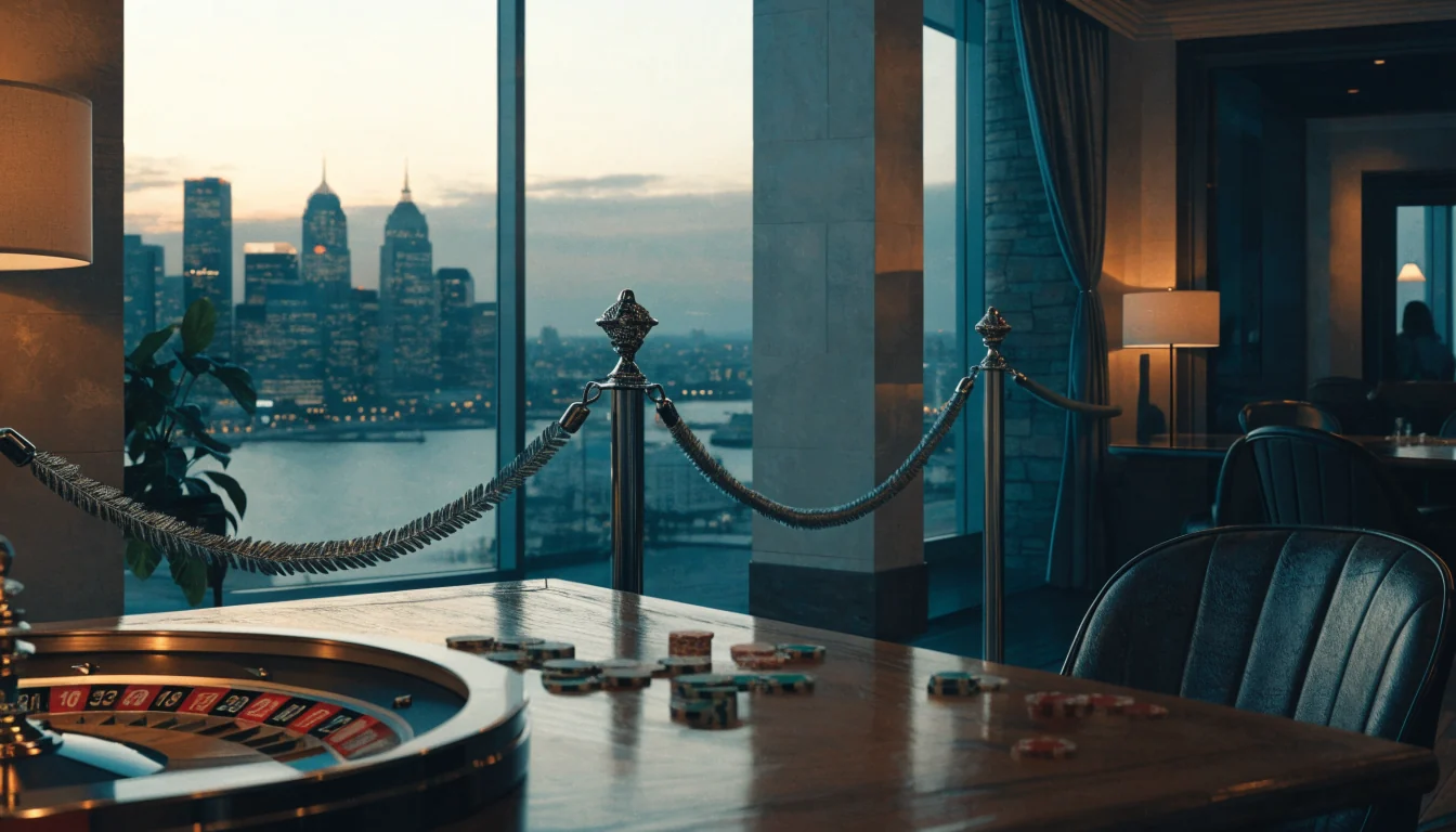 New Zealand casino lounge with roulette and chips at twilight
