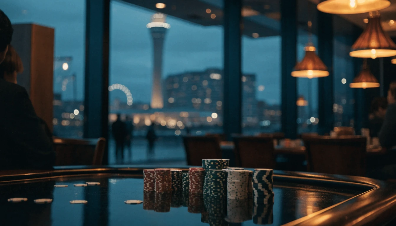 Modern casino interior with chip-stacked table and Auckland Sky Tower view at twilight