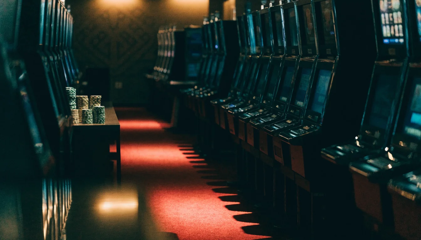 Atmospheric New Zealand casino floor with rows of slot machines and warm lighting.