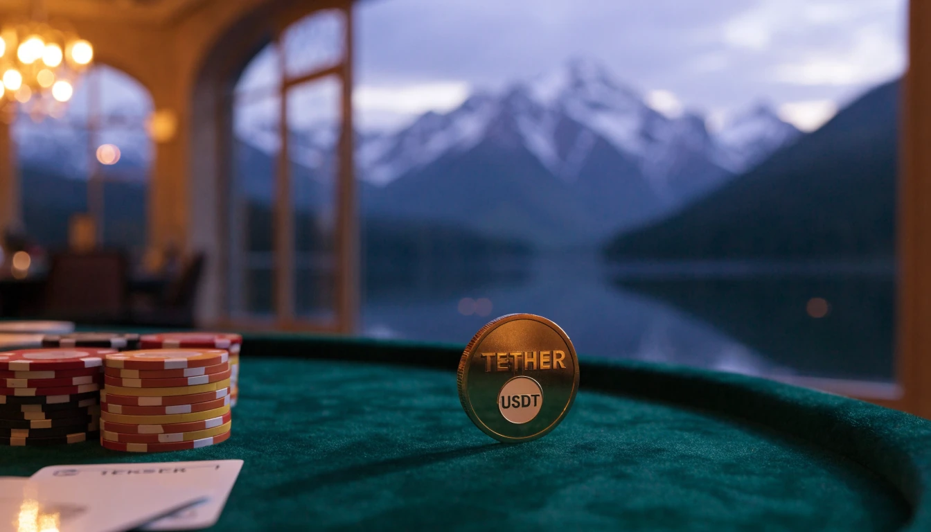 Gold Tether coin and casino chips on green felt with New Zealand mountains at twilight