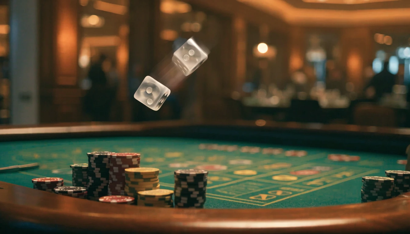 Craps table with stacked chips and rolling dice in a casino