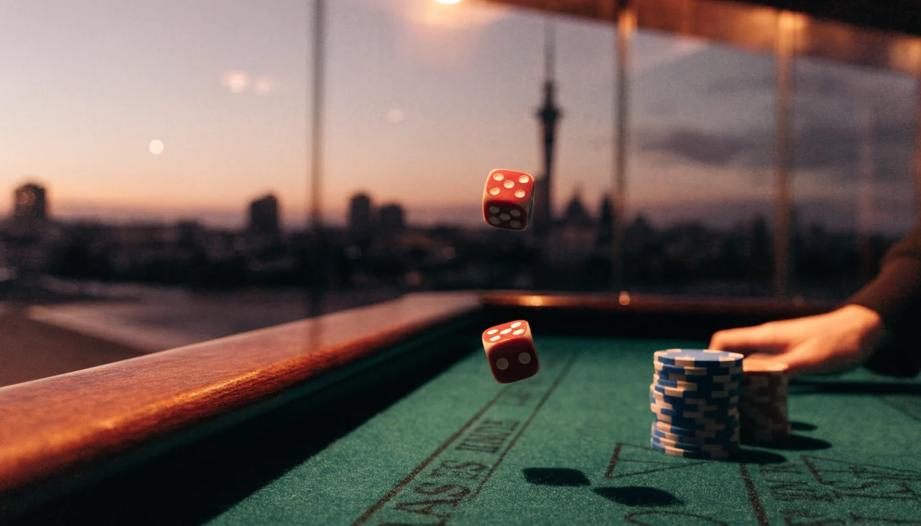 Red and white dice rolling on a green craps table with Auckland Sky Tower in the background at dusk