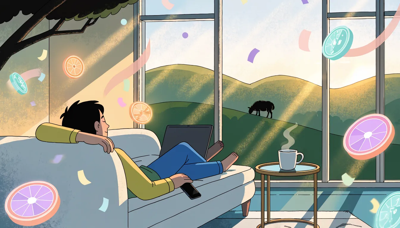 Illustration of a person relaxing at home in New Zealand with floating spin tokens, no game screen visible.