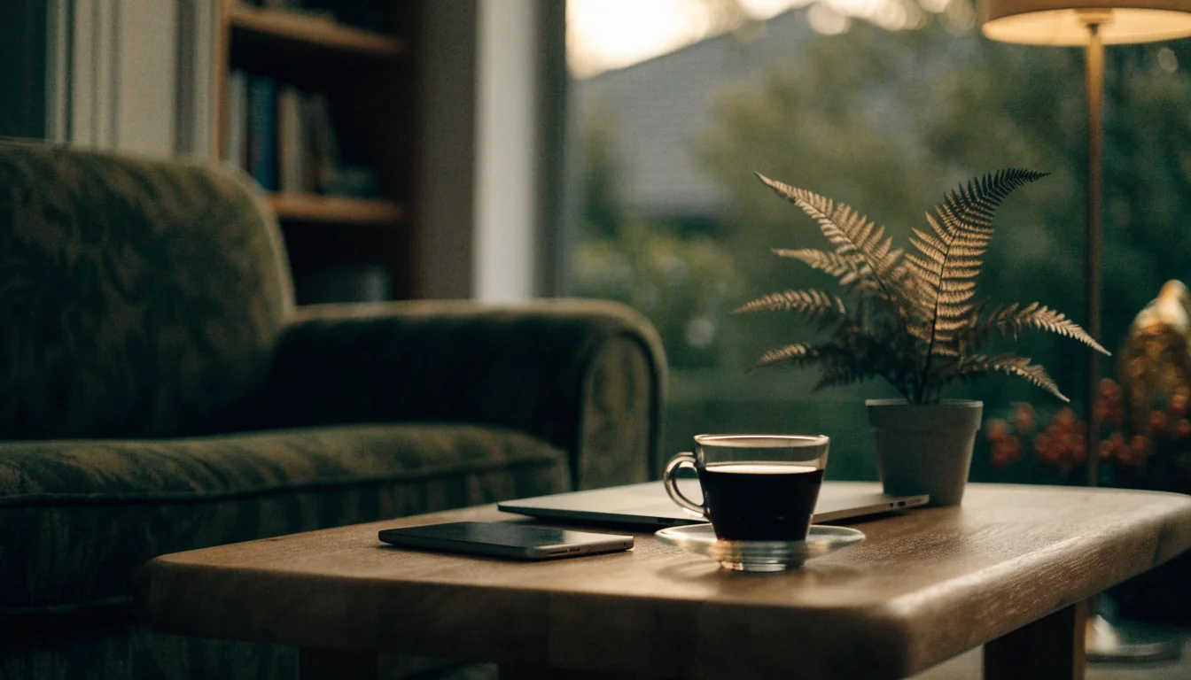 Modern New Zealand lounge with laptop and phone on coffee table