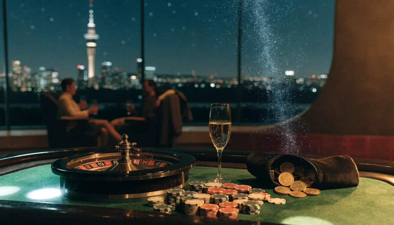 Glamorous New Zealand casino lounge with chips, roulette wheel, and Auckland skyline at night