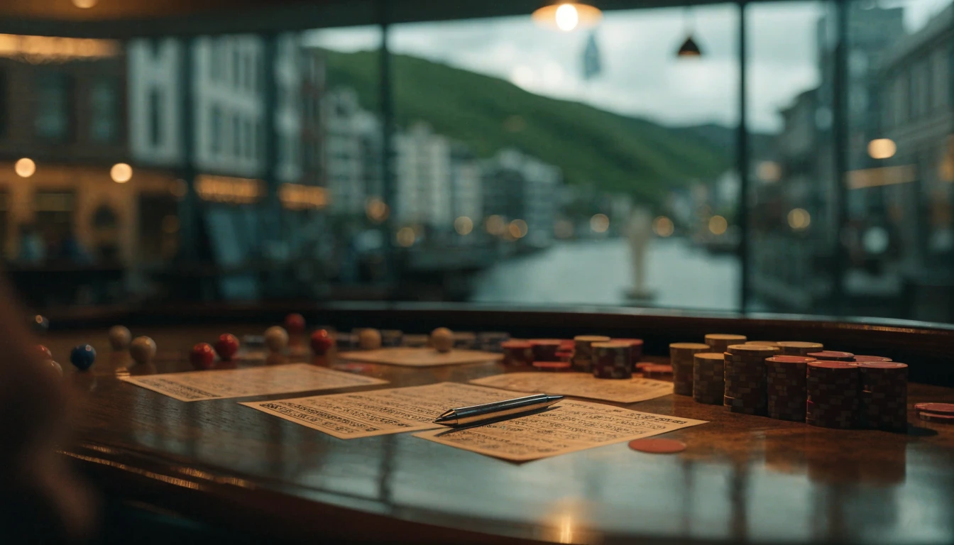 Casino table with keno balls, chips and ticket against a New Zealand cityscape backdrop.
