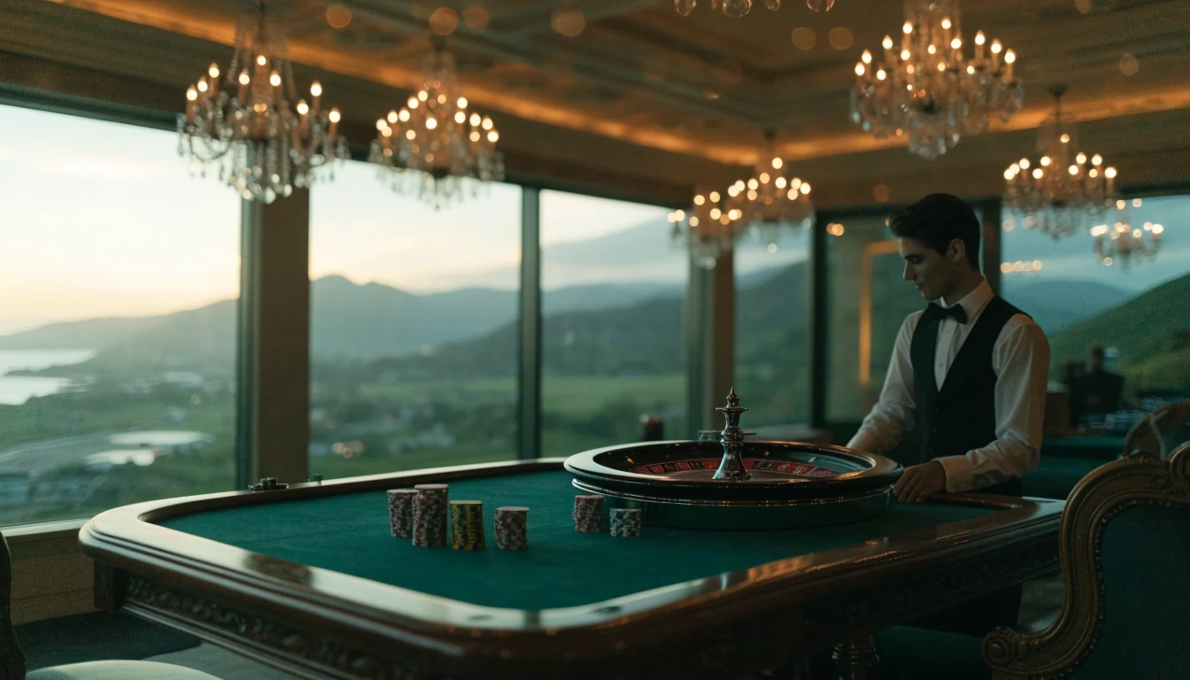 Elegant live dealer casino studio with roulette table and chips, New Zealand landscape through the window