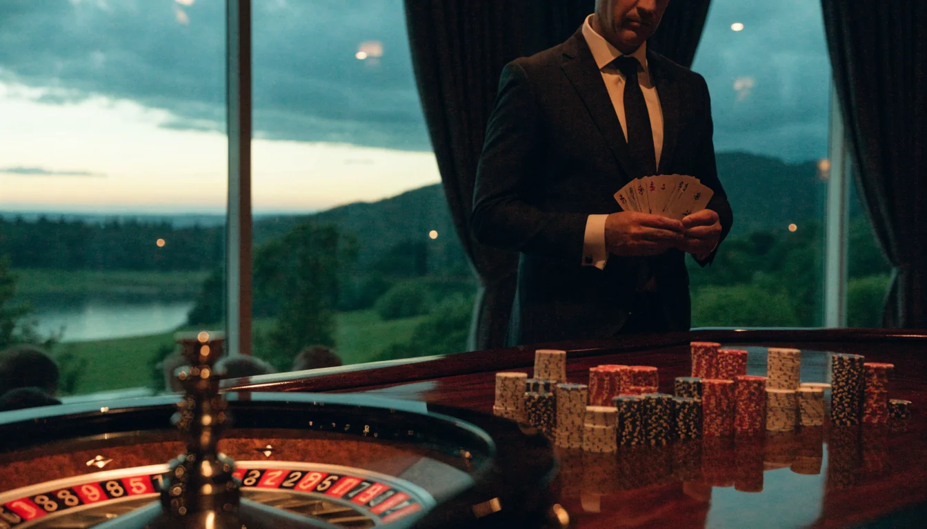 Live dealer casino studio with roulette wheel and chips overlooking New Zealand landscape at dusk