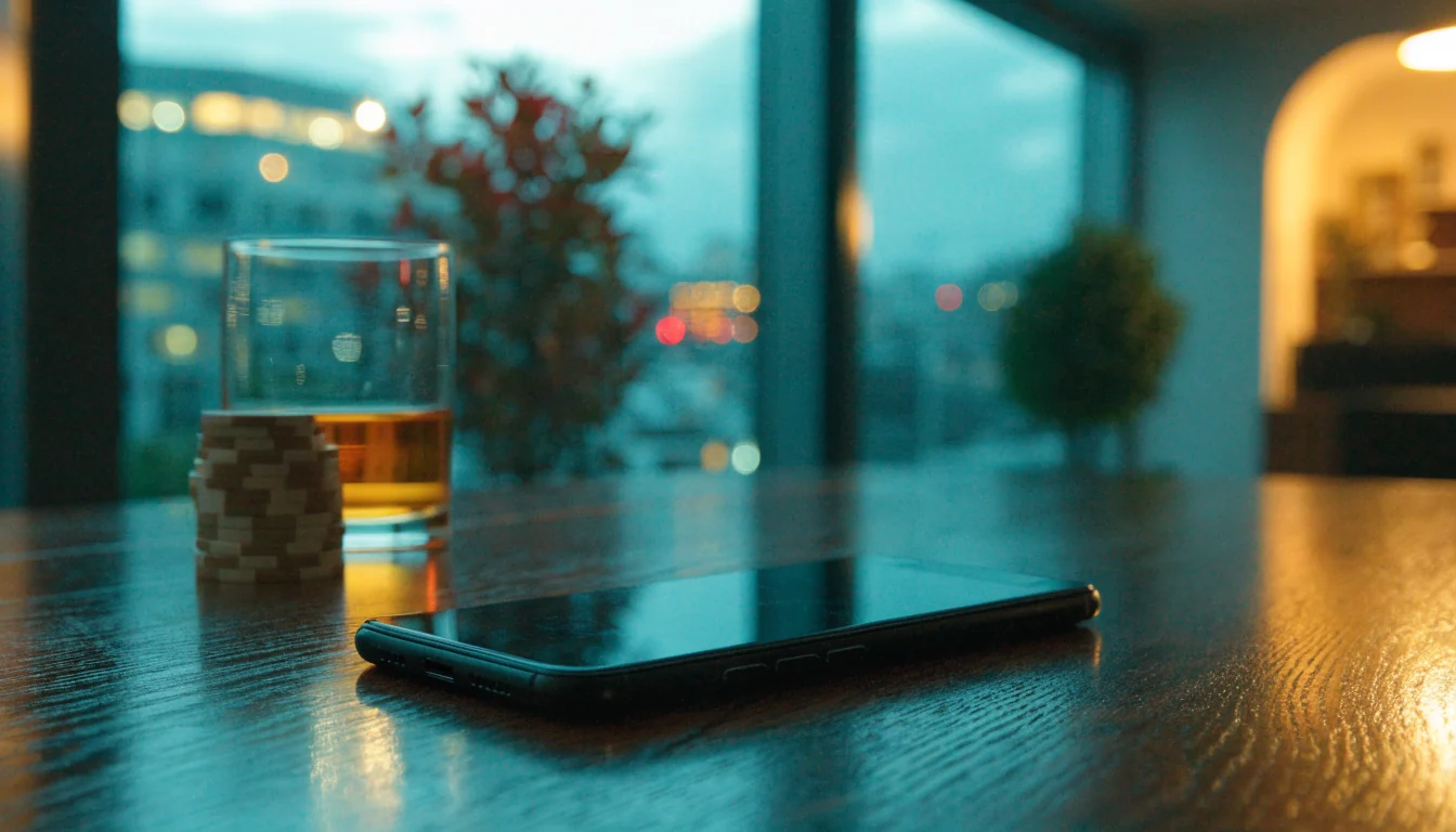Smartphone on a table with casino chips, Auckland city lights in background