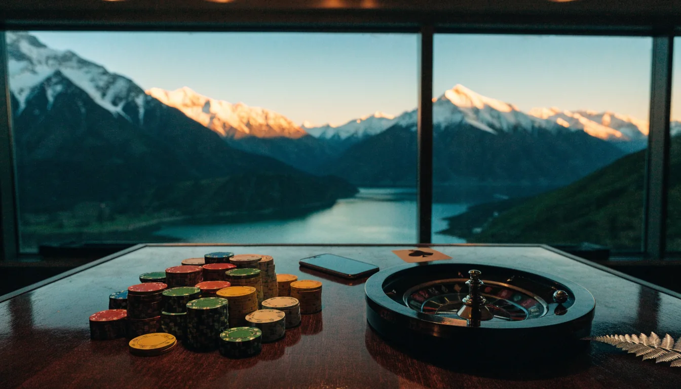 Casino table with chips, roulette ball, face-down phone and silver fern overlooking New Zealand alpine lake at golden hour