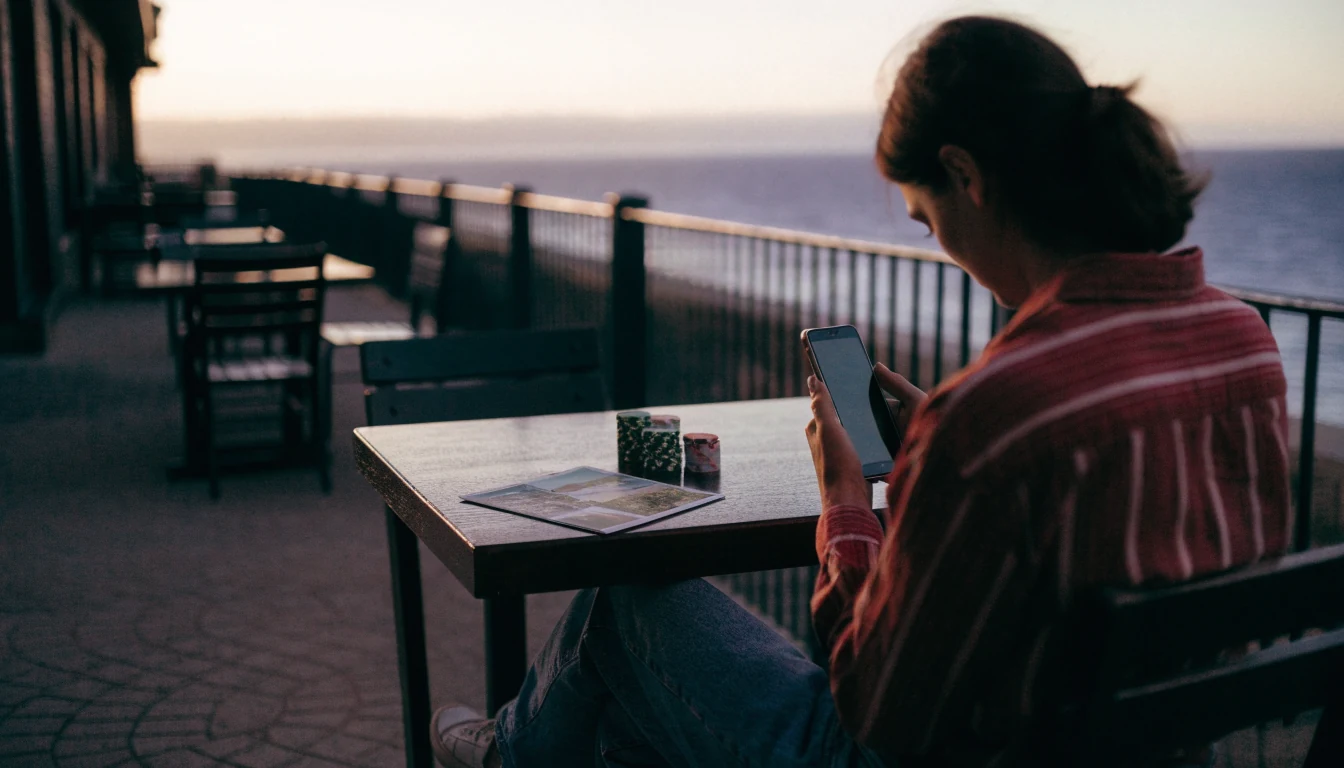 New Zealand player at seaside café with phone and casino chips