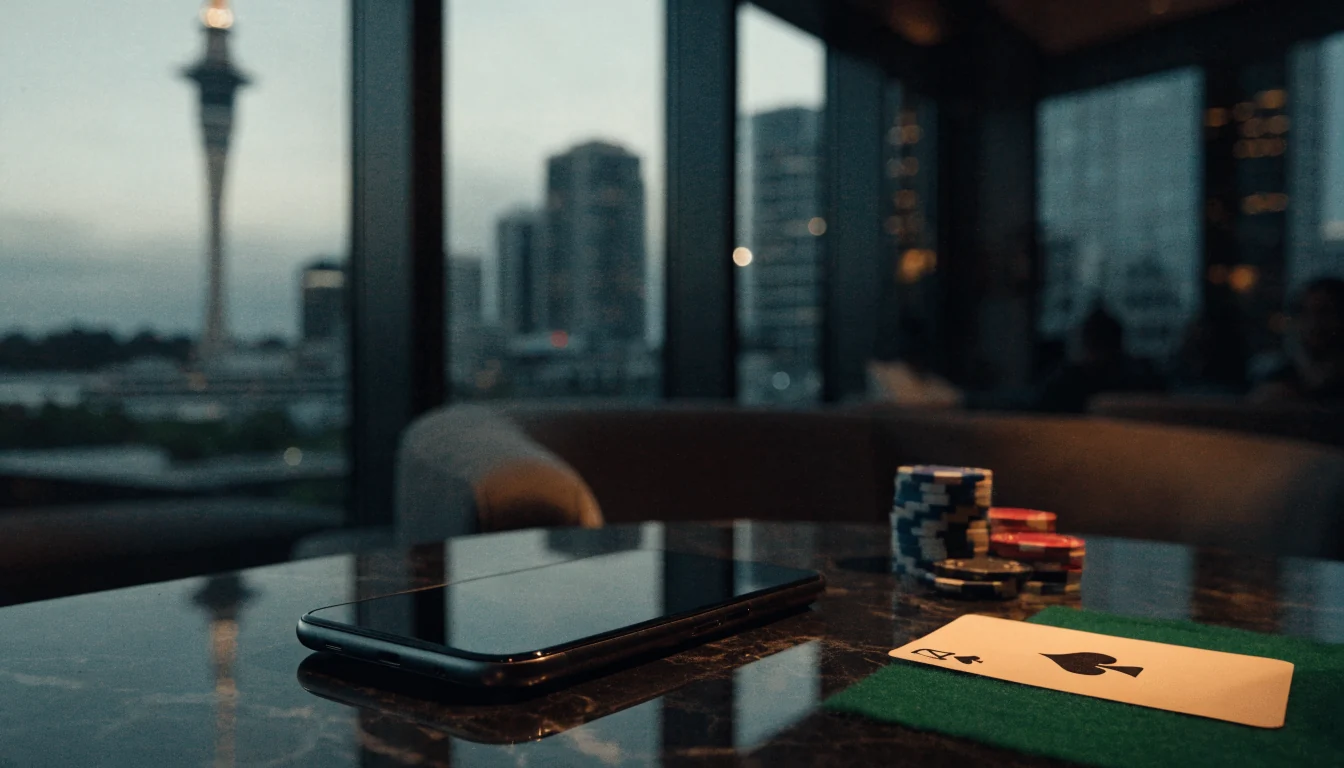Android smartphone on a lounge table with casino chips and a card, Auckland skyline at dusk.