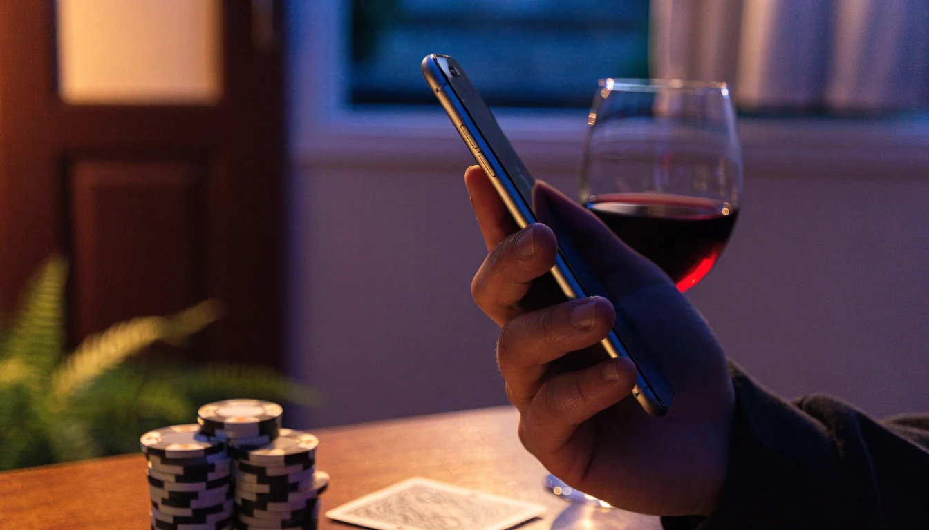 Hand holding an iPhone at a table with casino chips in a cozy New Zealand home setting.