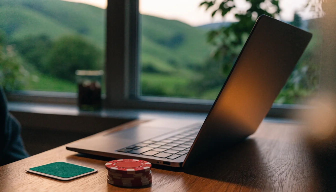 Laptop on a desk in a New Zealand home with casino chips nearby