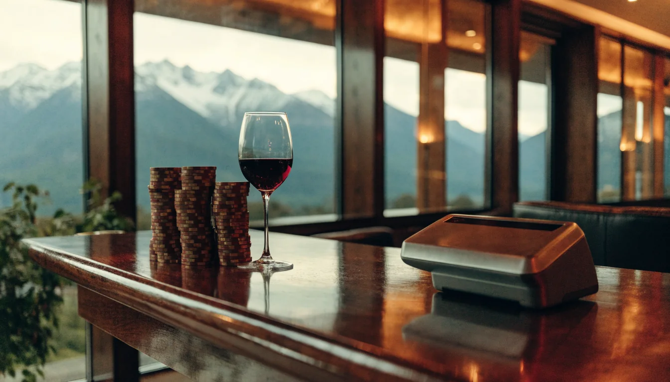 Casino chips and card terminal on a bar counter in a New Zealand alpine lounge