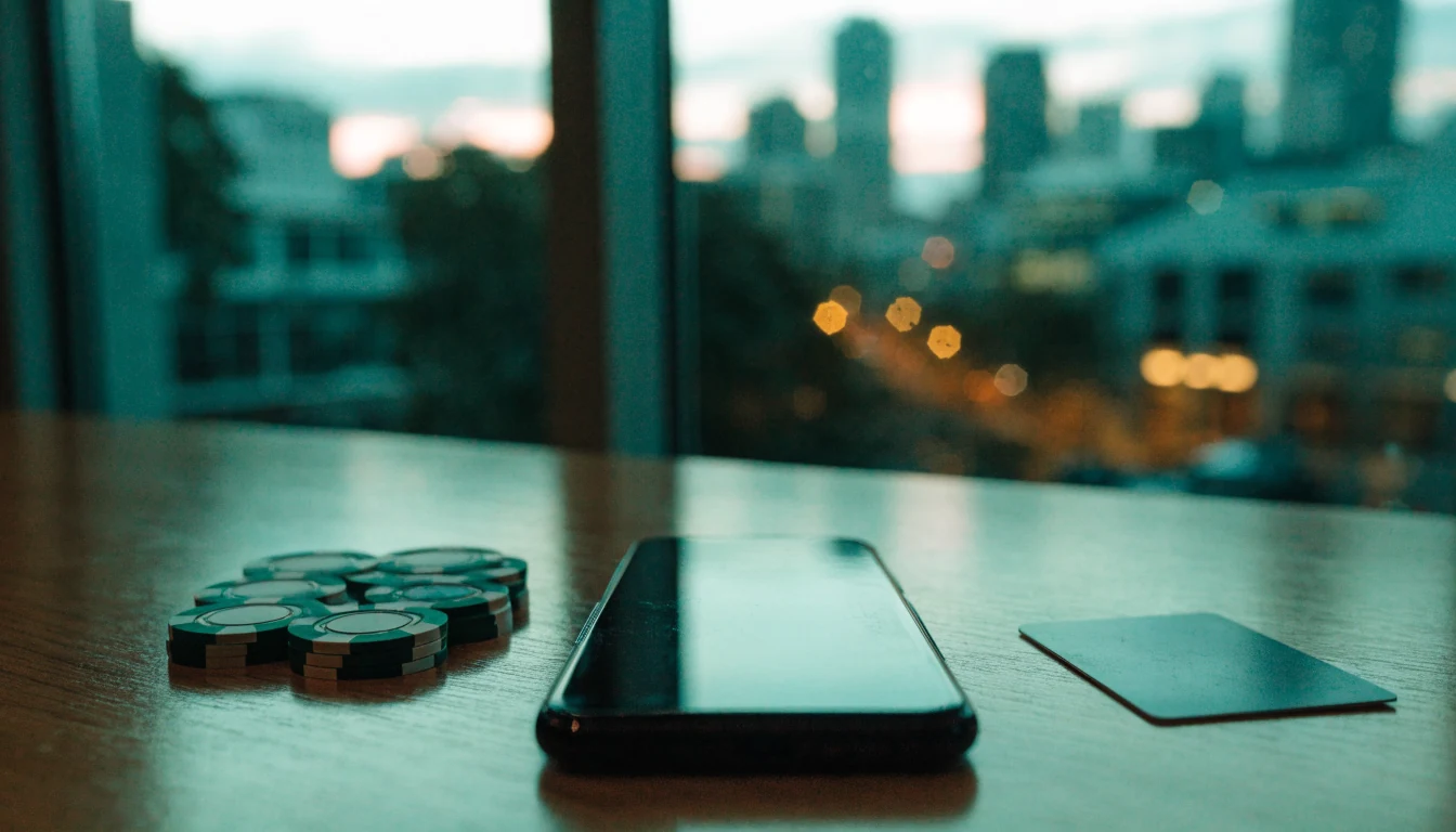 Smartphone, payment card, and casino chips on a desk with Auckland skyline in background.