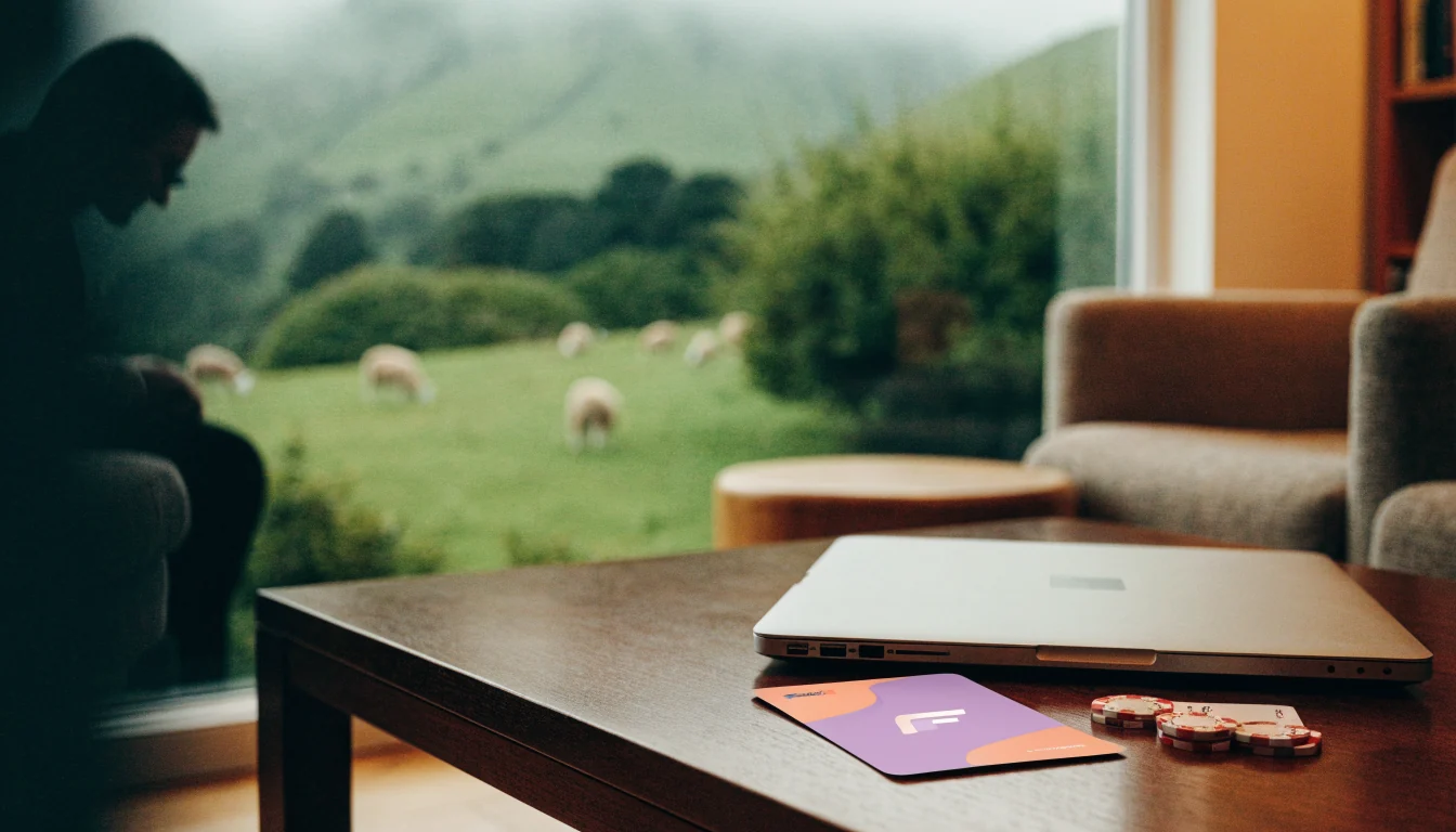 New Zealand living room scene with laptop and Flexepin voucher beside casino chips