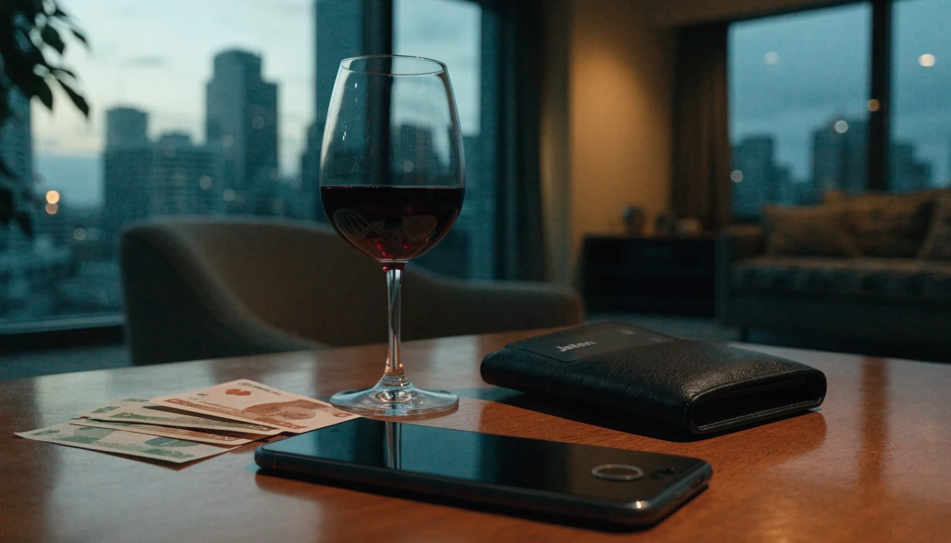 Smartphone, NZD banknotes, wine glass, and wallet on a table in a New Zealand apartment