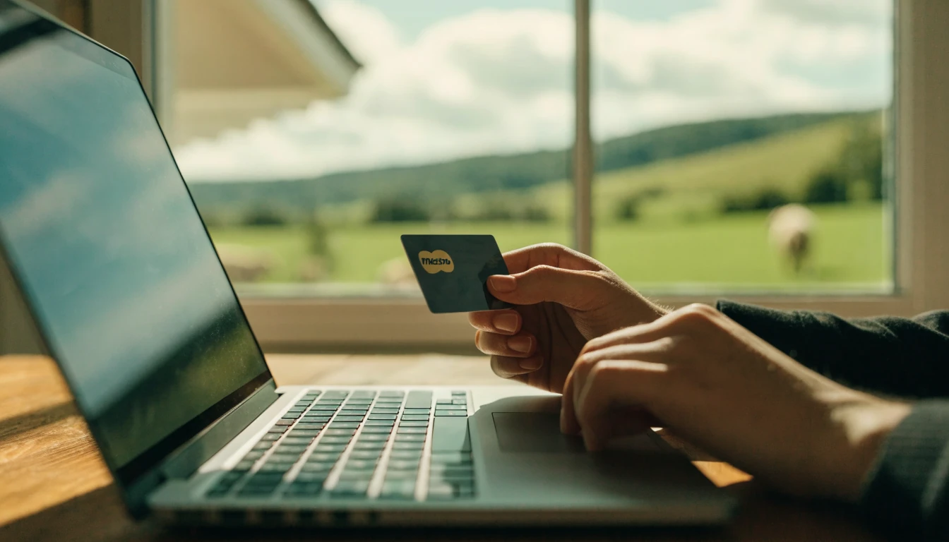 Hands holding a Maestro card near a laptop with New Zealand countryside in the background