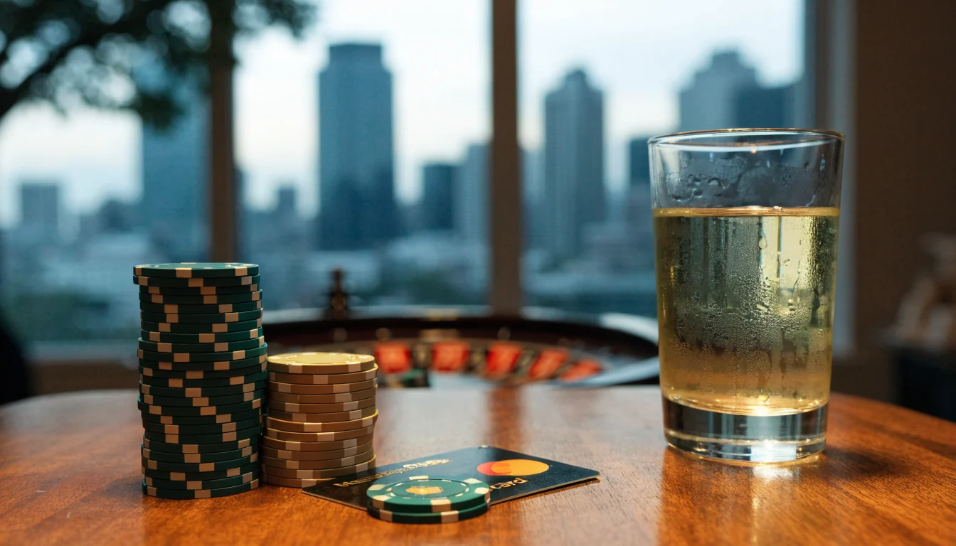 Casino table with chips, roulette wheel and a Mastercard in New Zealand setting