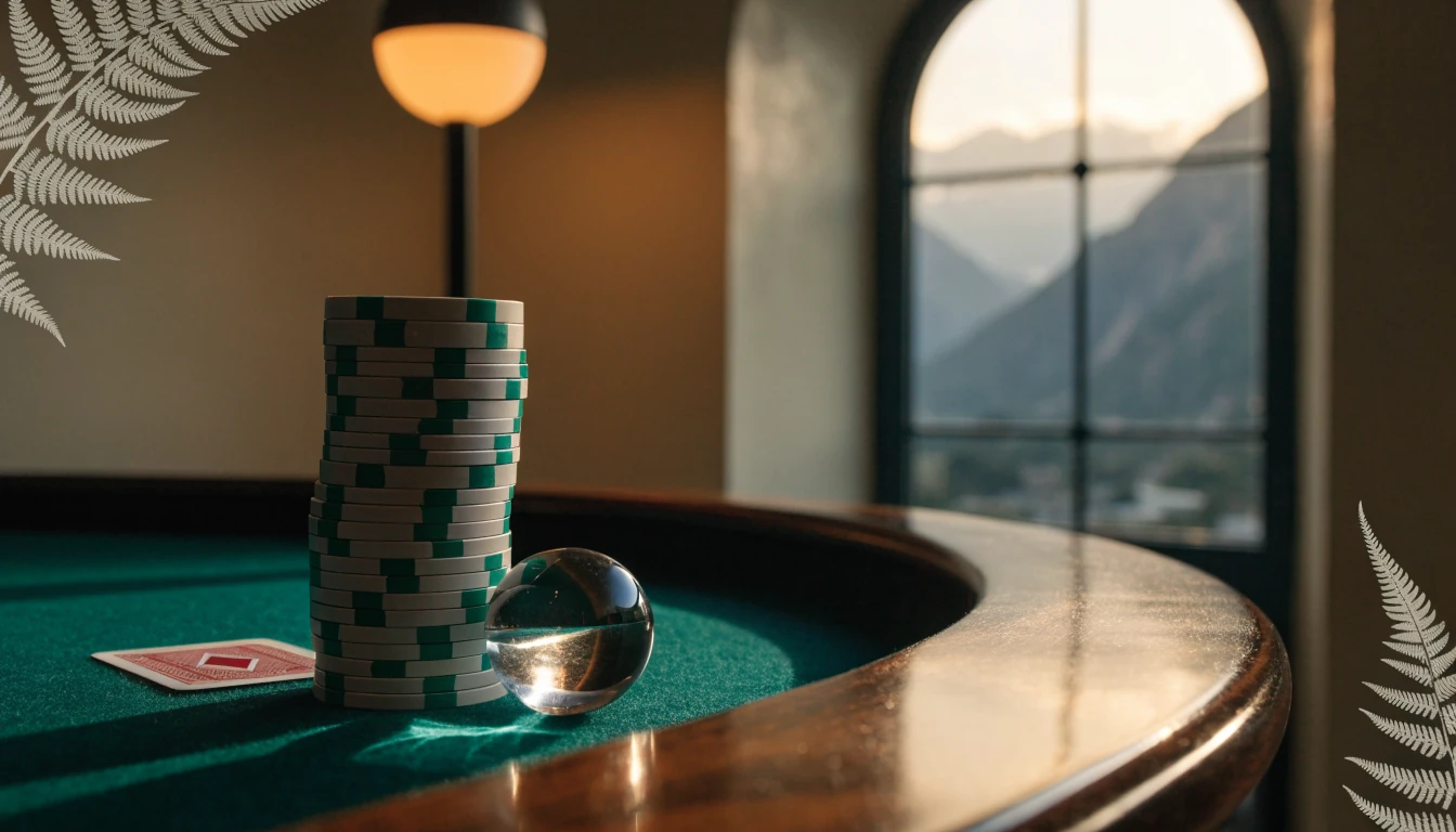 Casino chips, a card, and roulette ball on a green felt table with New Zealand Alps behind.