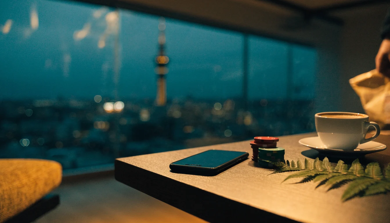 Smartphone face-down on table with casino chips near Auckland skyline window