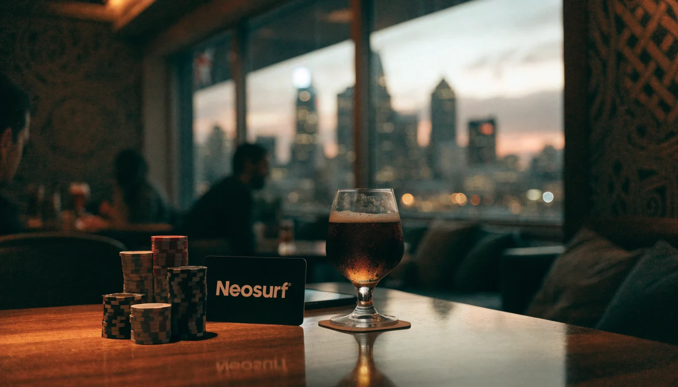 New Zealand casino lounge table with chips, Neosurf voucher, and smartphone at dusk