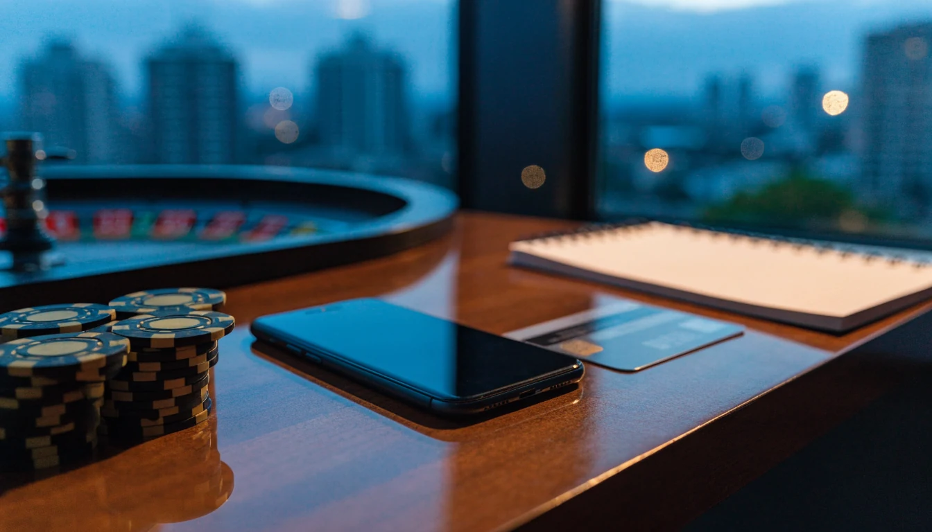 Smartphone, casino chips, and roulette on desk with Auckland skyline at dusk