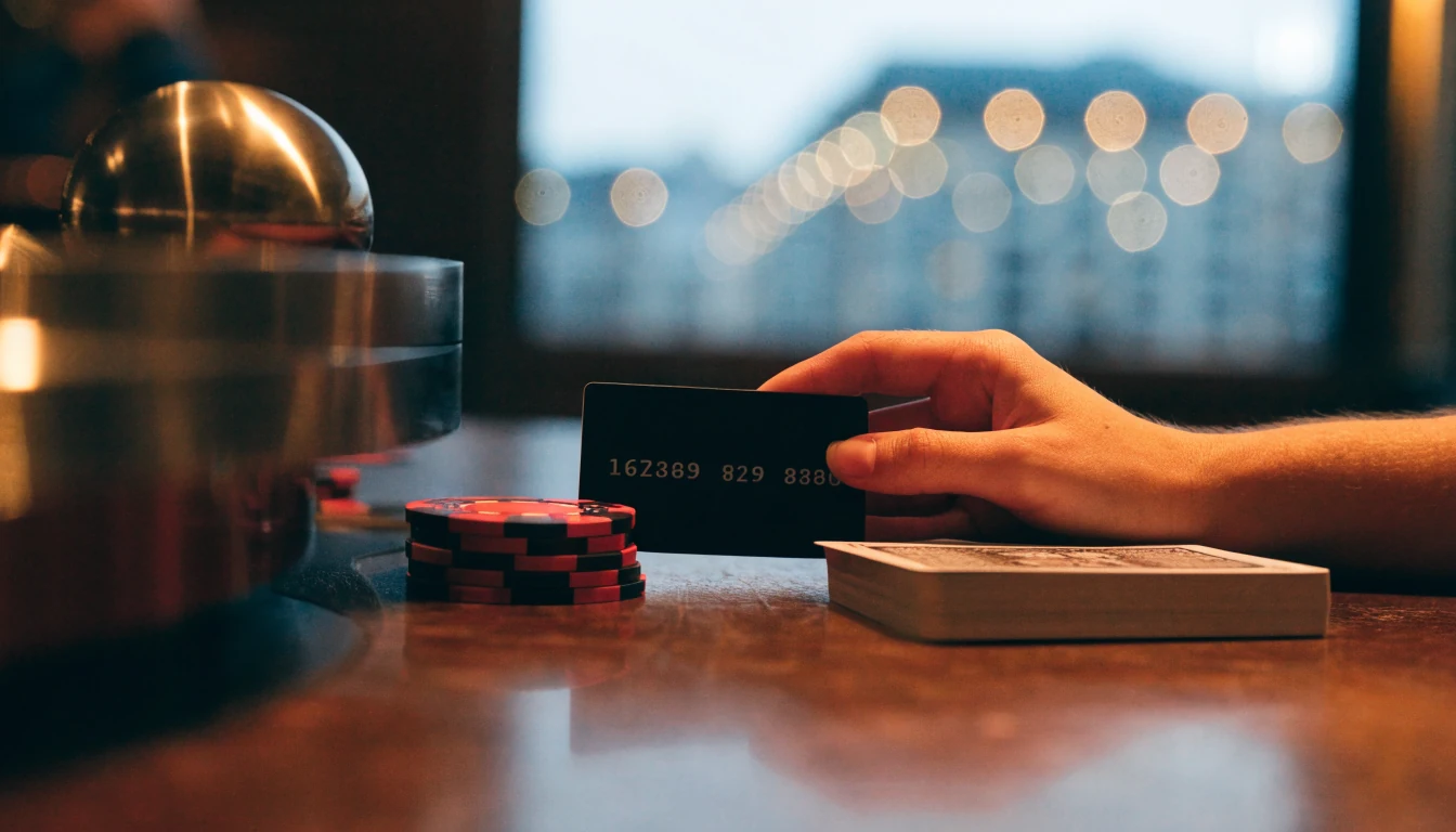 Hand holding a Paysafecard voucher beside casino chips and cards on a dimly lit table.