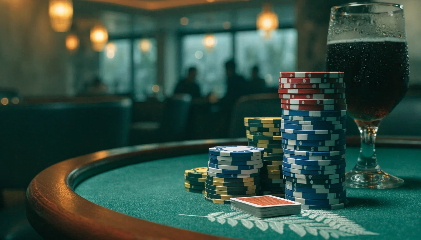 Casino chips and card on a wooden table with New Zealand silver fern detail