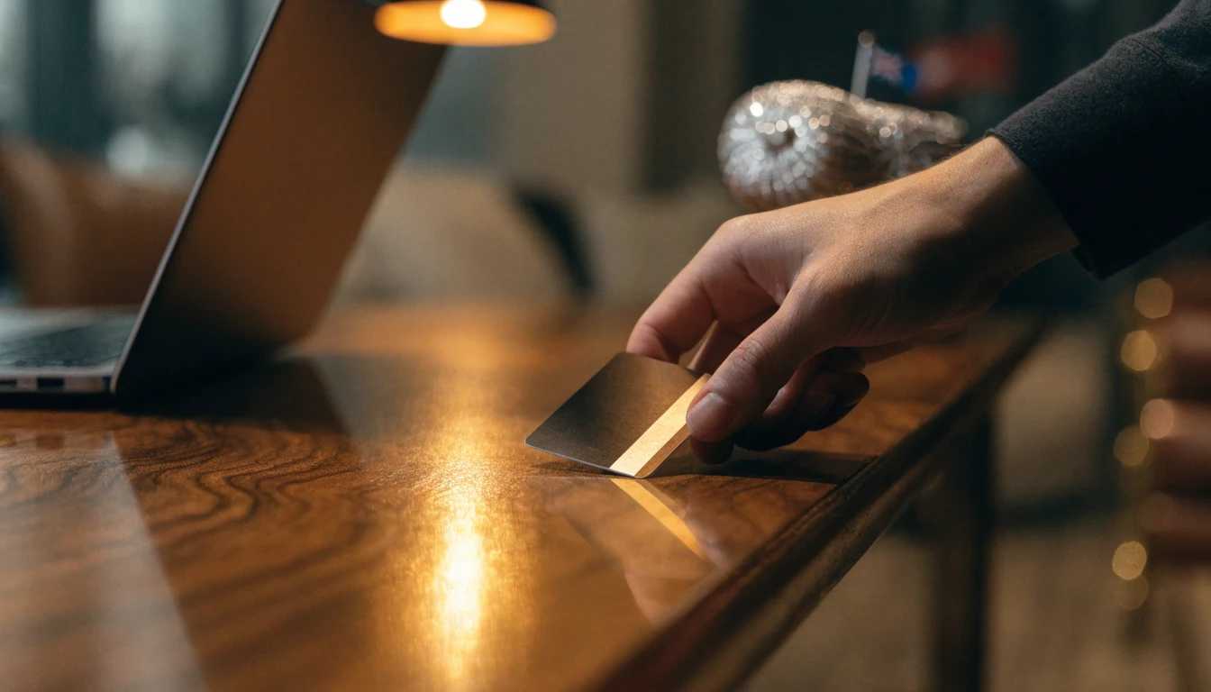 Hand placing credit card near laptop on polished table in upscale NZ lounge